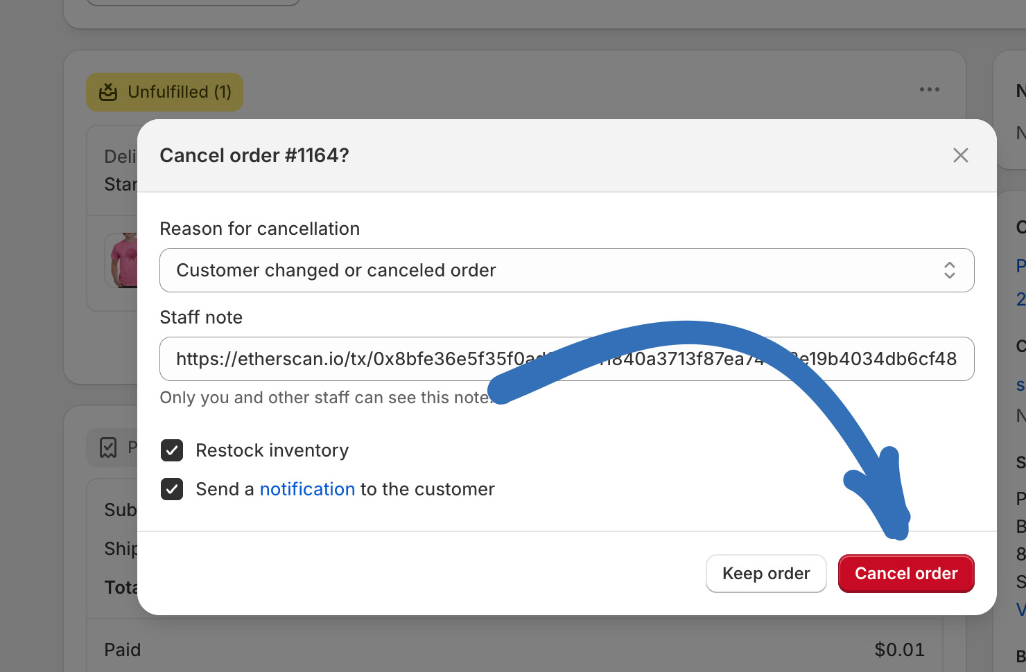 Confirm refund crypto payment